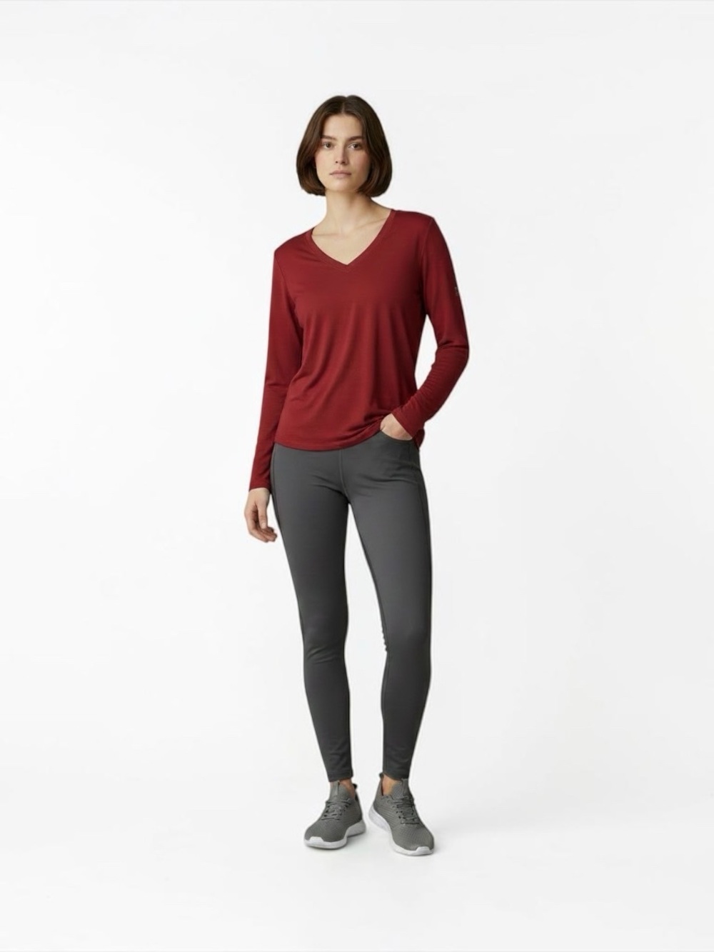 Athleta Essential V Neck Top Women’s Small Burgundy Maroon Long Sleeve Shirt